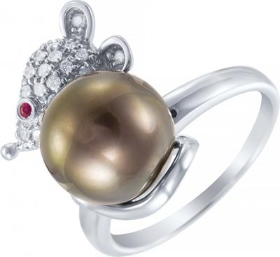 Кольцо с бриллиантами, рубином и жемчугом из белого золота